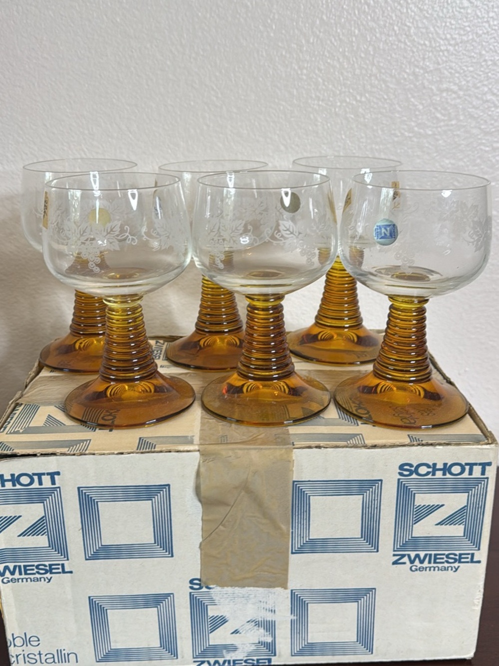 Vintage Schott Zwiesel Amber Ribbed Stem Wine Glasses with Etched Bowls